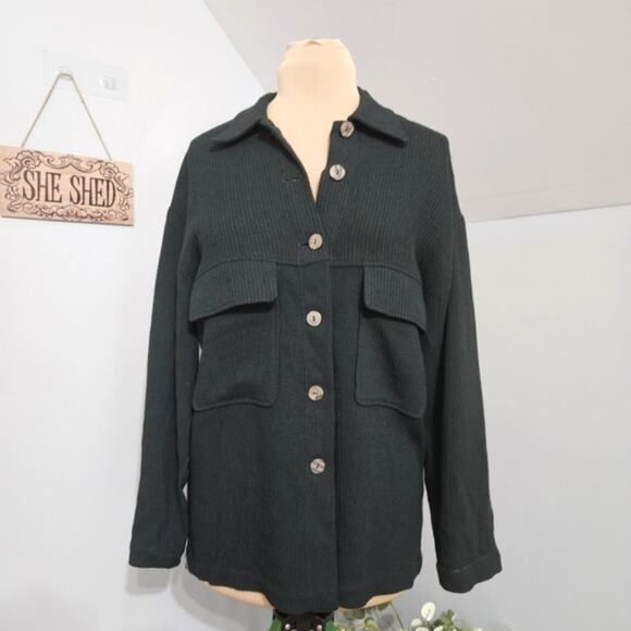 Harriet Parker Shacket Hunter Green Ribbed Pockets Long Sleeve Button Front Top - Picture 1 of 13